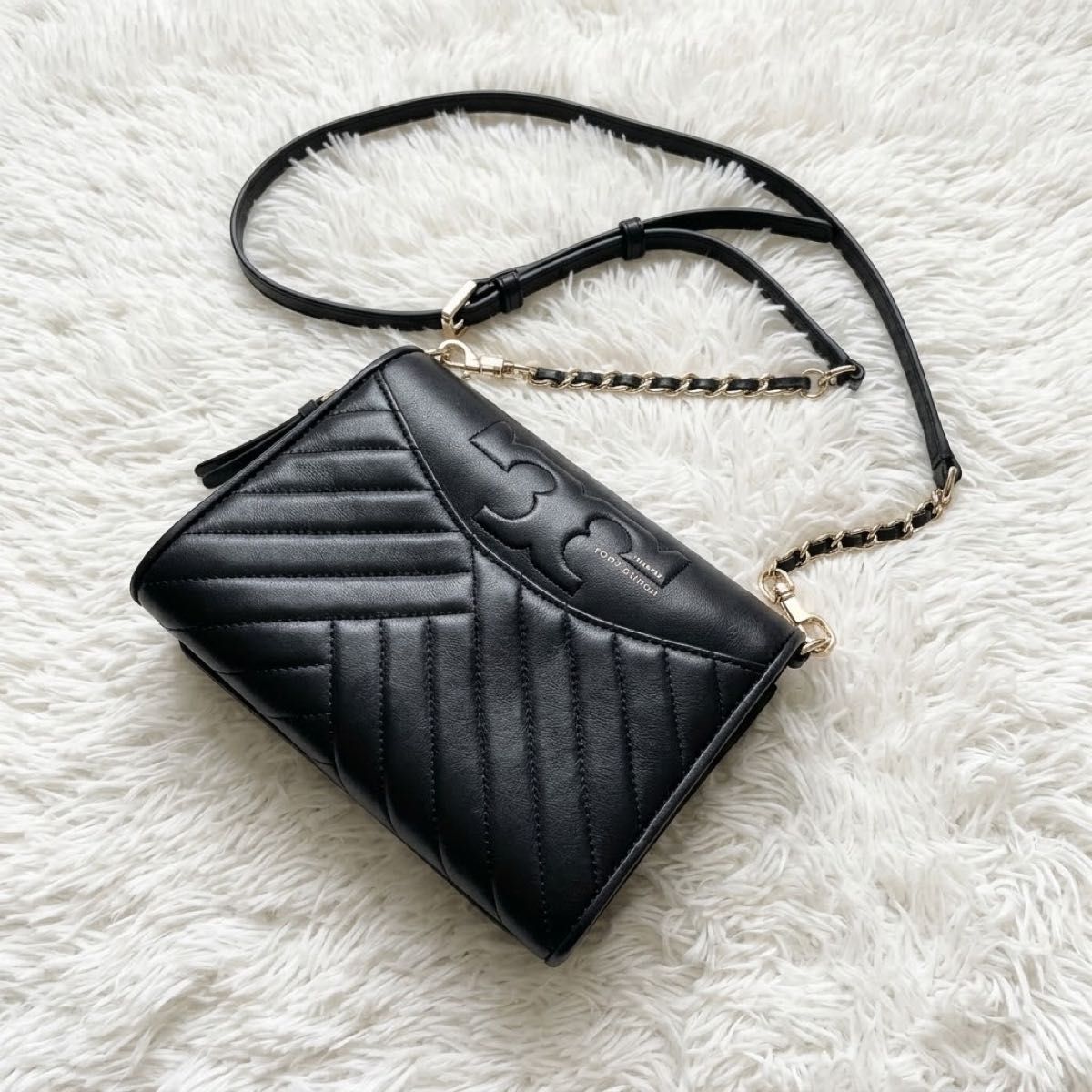 Tory Burch Chain Shoulder Bag, Quilted, Black, with Large Logo, Leather