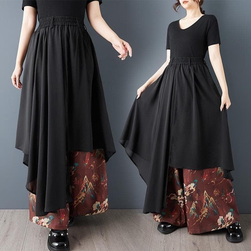 大码 新品 秋冬 亚洲风 不对称 叠层 阔腿裤 裙装风格 夏秋阔腿裤 女士