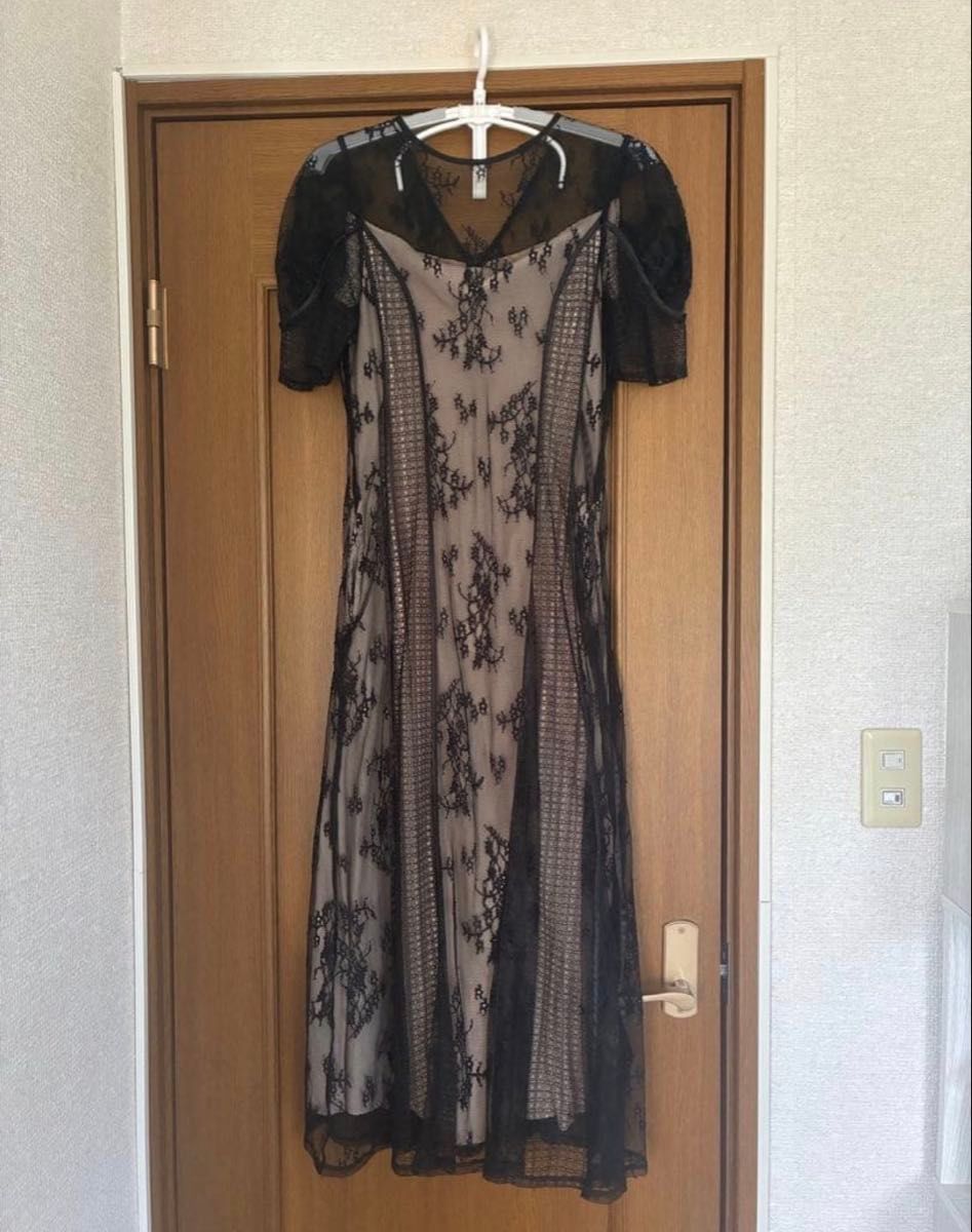 総レース ロングワンピース パーティードレス ブラック×ベージュ
