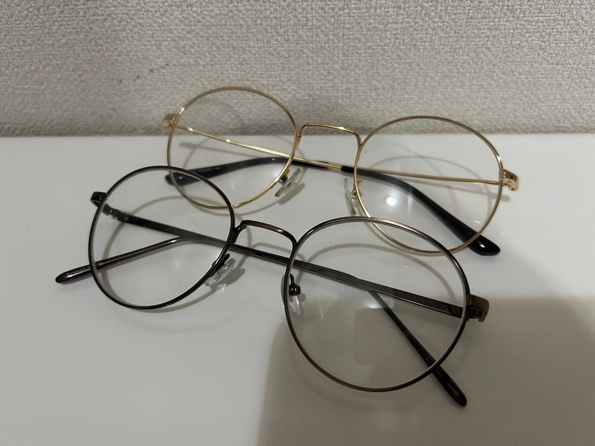 圆眼镜伊达眼镜2点套装金色黑色圆形框架