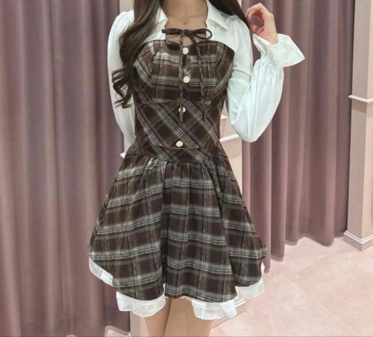 安米儿 衬衫拼接修身套装 格纹 S码 量产型 参战服 洛丽塔 安米儿