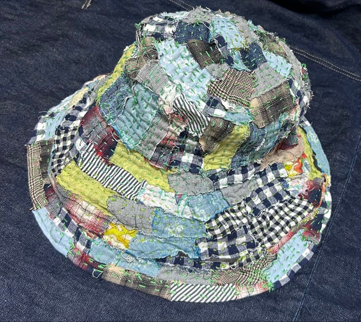 ハット UVカット ハンドメイド 縫い縫い ナミ縫い ツバ広 ワイヤー入り 帽子 未使用