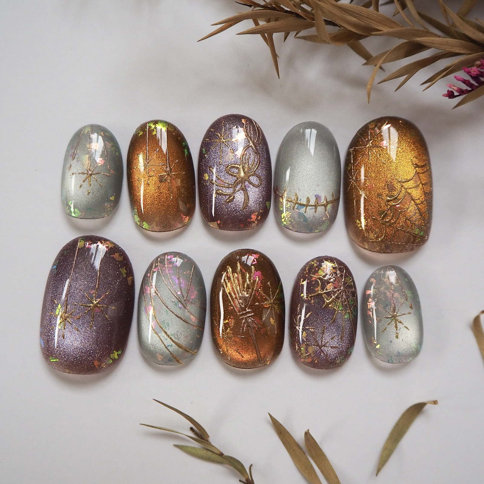 no.18 Heart-pounding Halloween Nails, Halloween Nail Art, Autumn Nails, Magnetic Nails, Purple Nails, Orange Nails, Nail Tips, Mirror Nails