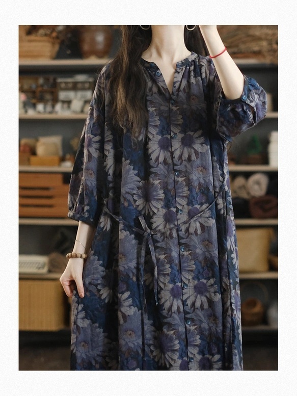 复古花卉图案亚麻七分袖连衣裙，女士早秋宽松系带收腰显瘦，全开襟棉麻长款围巾