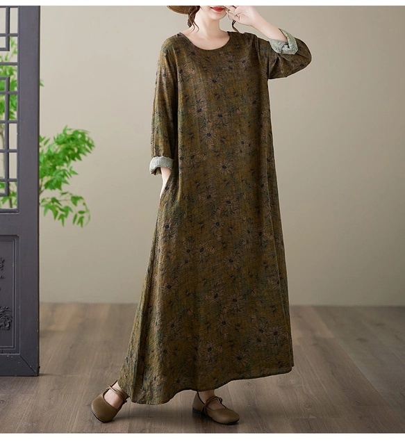 复古花卉图案棉麻长袖连衣裙，女士秋季宽松大码遮肉显瘦休闲款