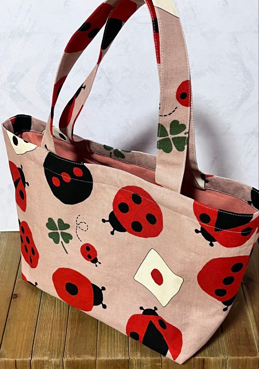 Handmade tote bag with ladybug pattern, pink, mini size