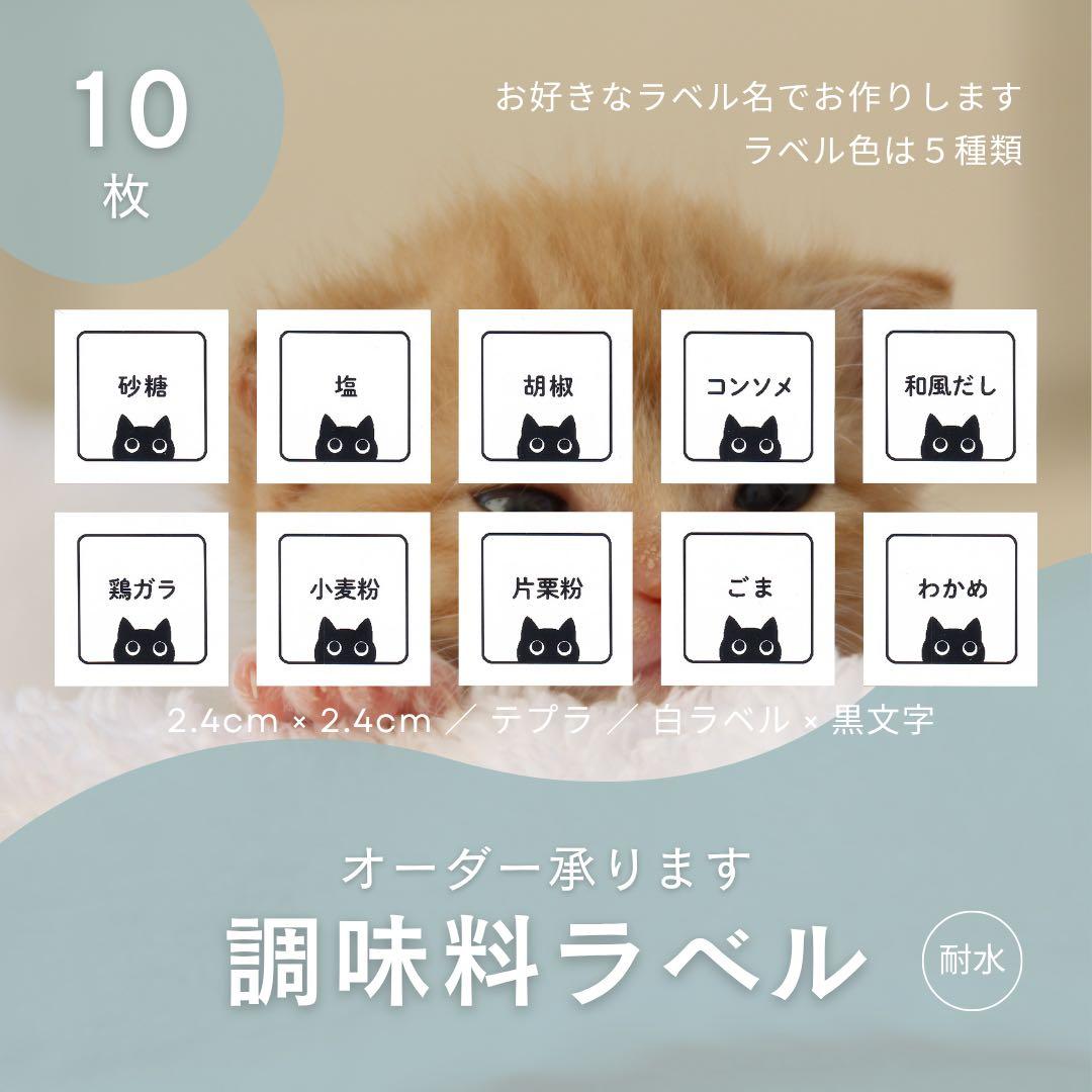 调味料标签10枚（白色）　2.4厘米正方形　猫咪图案　防水　特百惠　单面标签