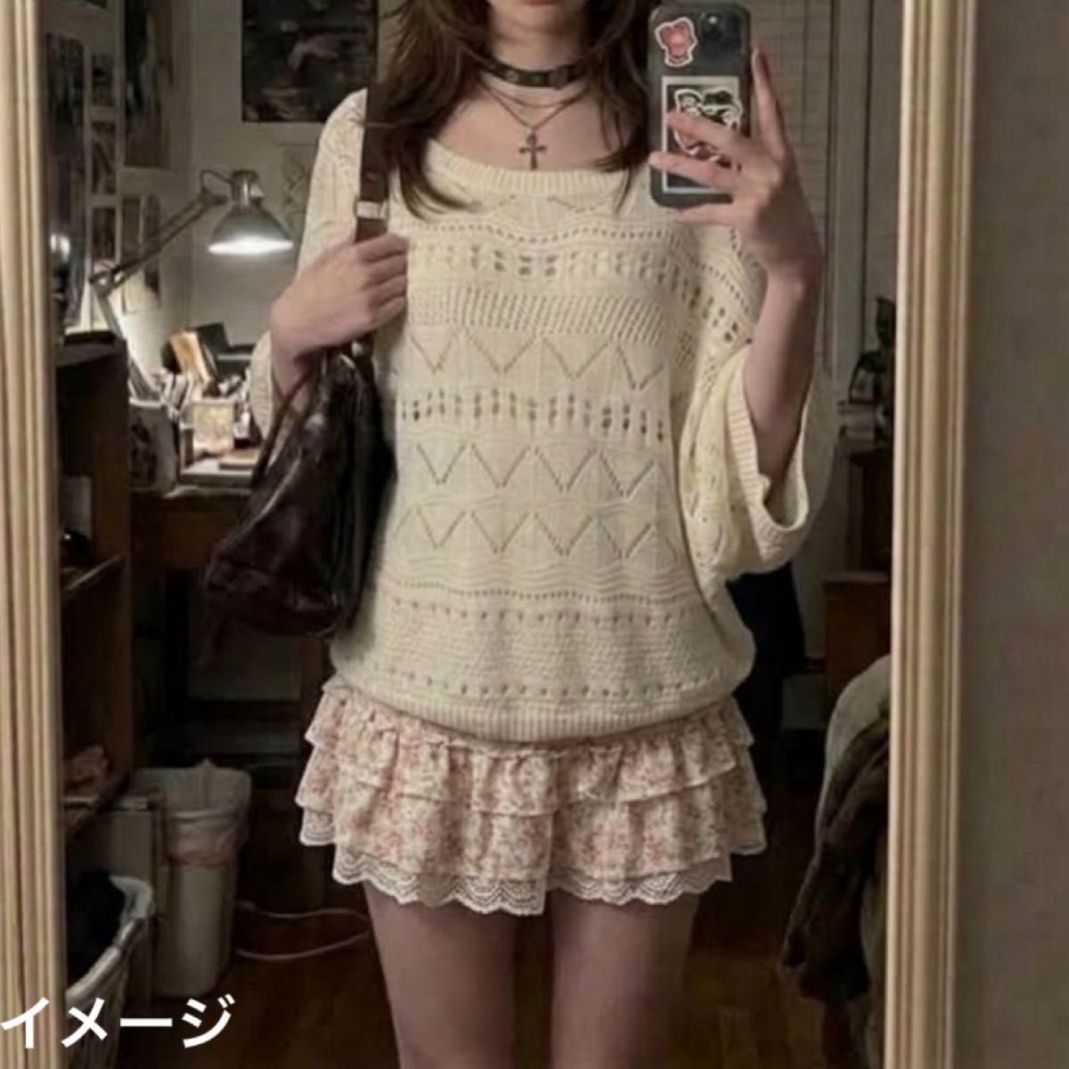 女士 秋季服饰 上衣 象牙白镂空针织 深色内芯 短款小立领 森女 阔肩 亚热带 堆堆袖