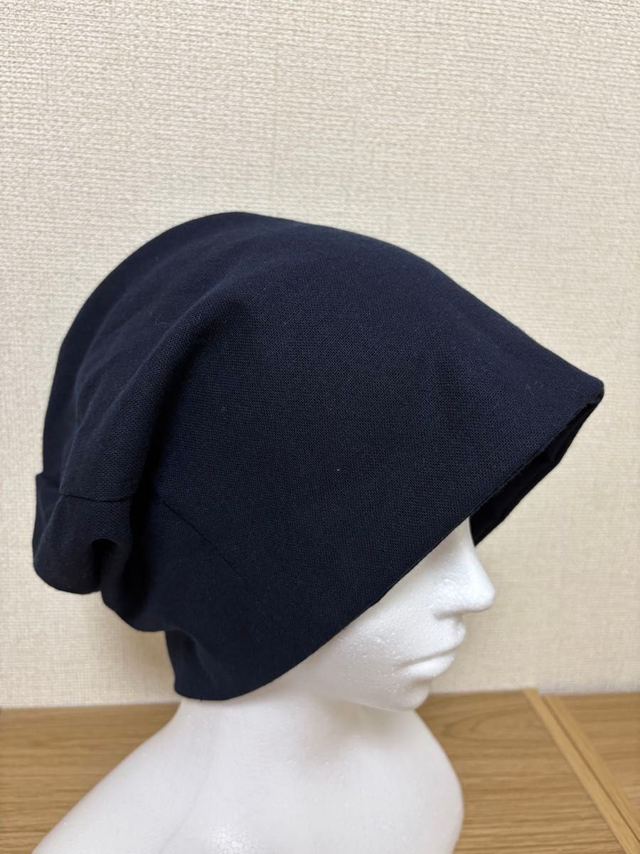 棉麻生地の布製ワッチキャップ  スケボー風帽子 濃いネイビー　シンプル 男女兼用　XL大きめ