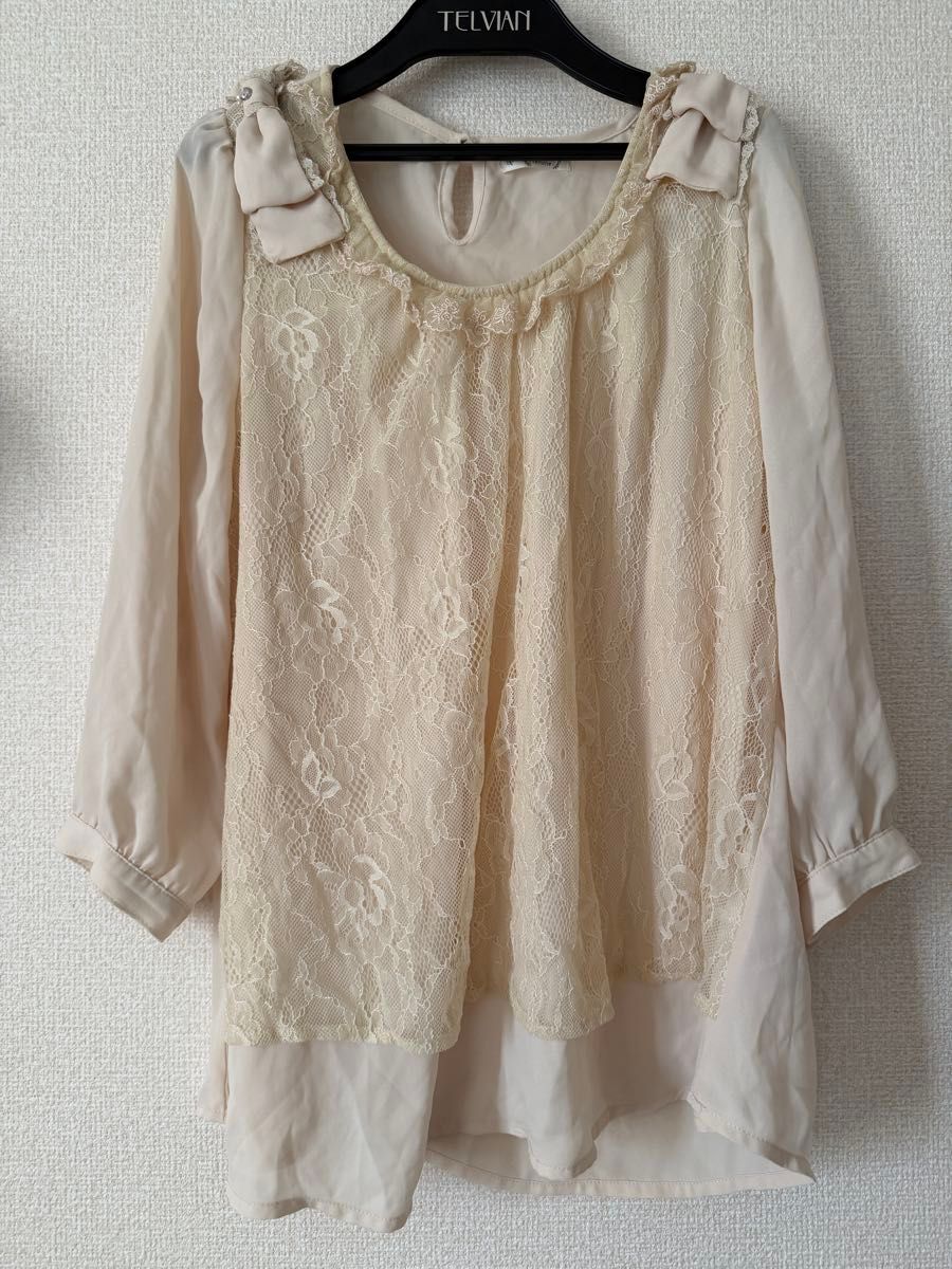 axes femme レディース ブラウス 七分袖 レース リボン ベージュ系