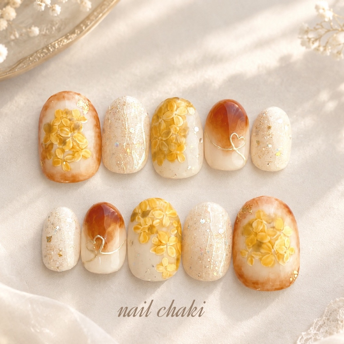 - Kikinbo Woodland Sunlight - Nail Tips Bridal Nails Autumn Wedding Pre-Wedding Photography Wedding Bride White Kimono Coming of Age Ceremony Furisode Elegant Heart Press-On Nails