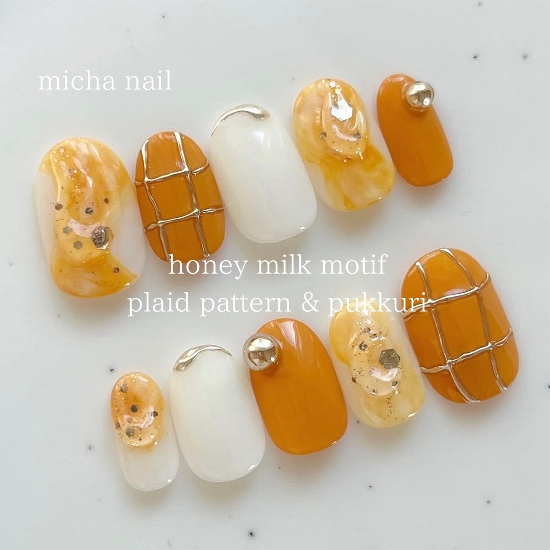【Size Customization】Honey Milk Check Puffy Nail Tips