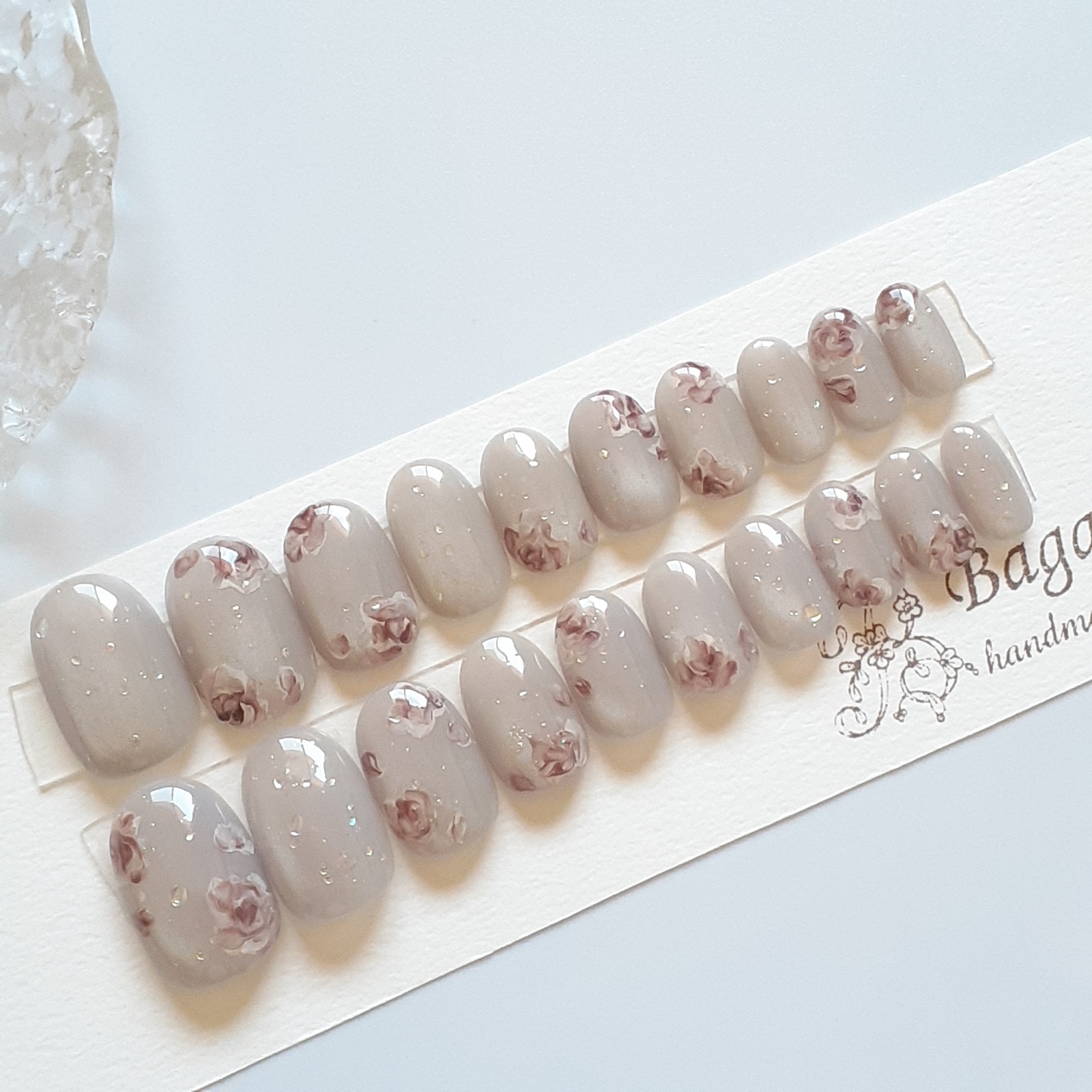 In-Stock, All Sizes: Post-Rain Roses — No Measurement Needed — Floral Nail Tips with Fine Magnetic Particles, 20-Piece Set for Both Hands