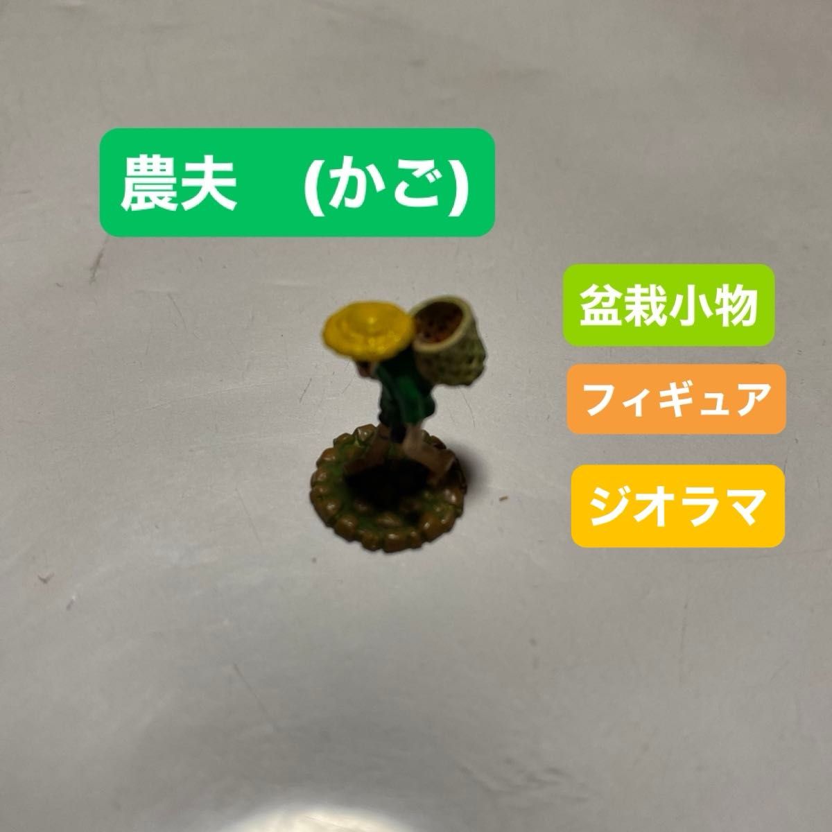Miniature Figure: Farmer with Straw Hat and Basket on Back, Metal, Painted, Bonsai Accessory, Gardening Accessory, Diorama, Unused, 12