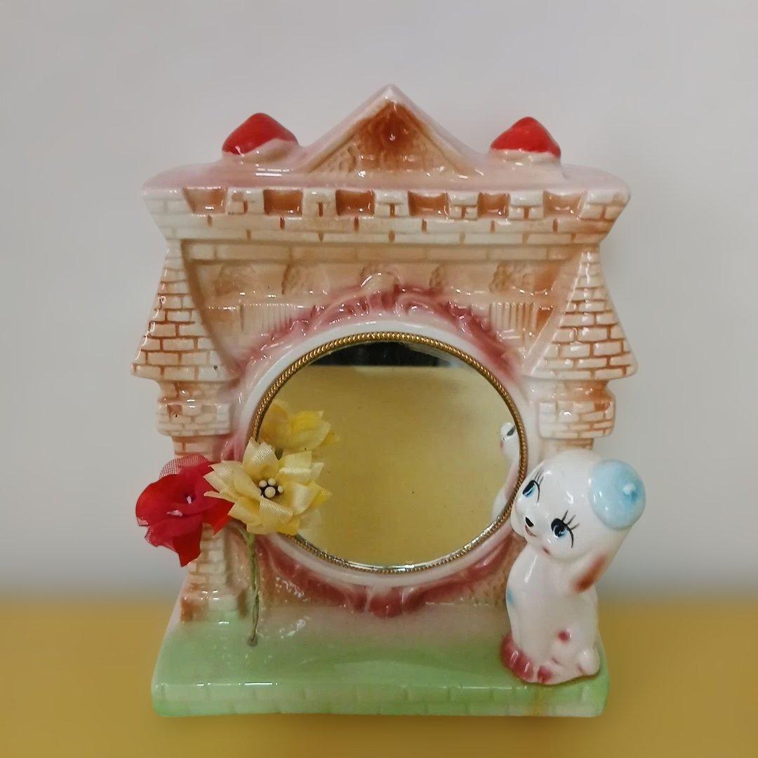 Showa Retro Ceramic Dog Piggy Bank with Mirror Ornament