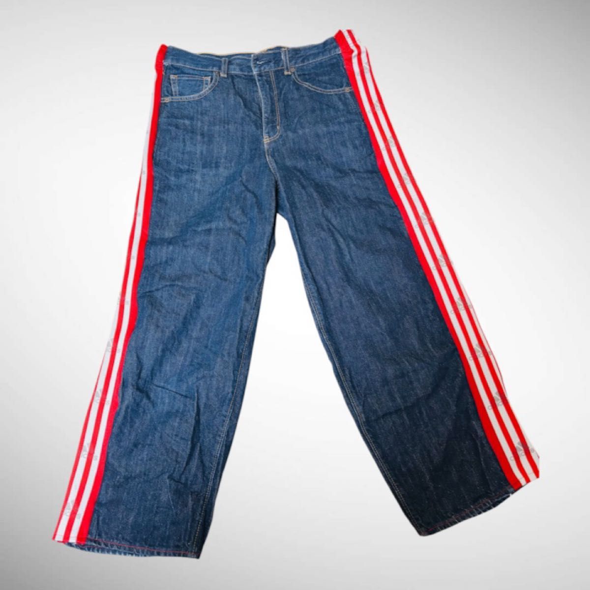 adidas 改造蓝色牛仔 腰侧松紧带 个性街头风