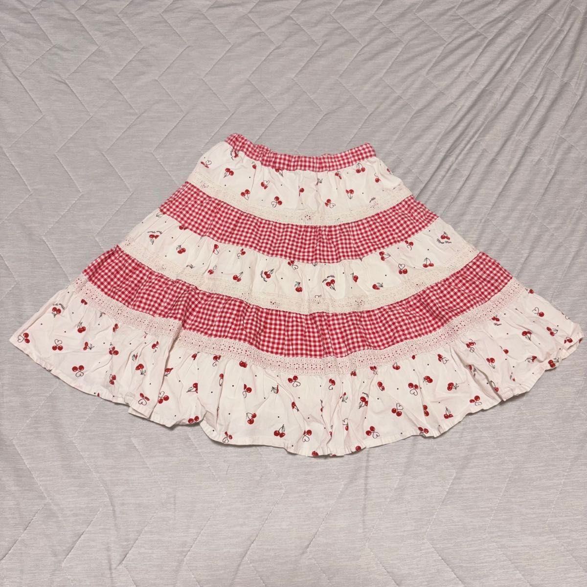 美索钢琴樱桃图案gingam check tiard scart 110cm白红蕾丝女裙