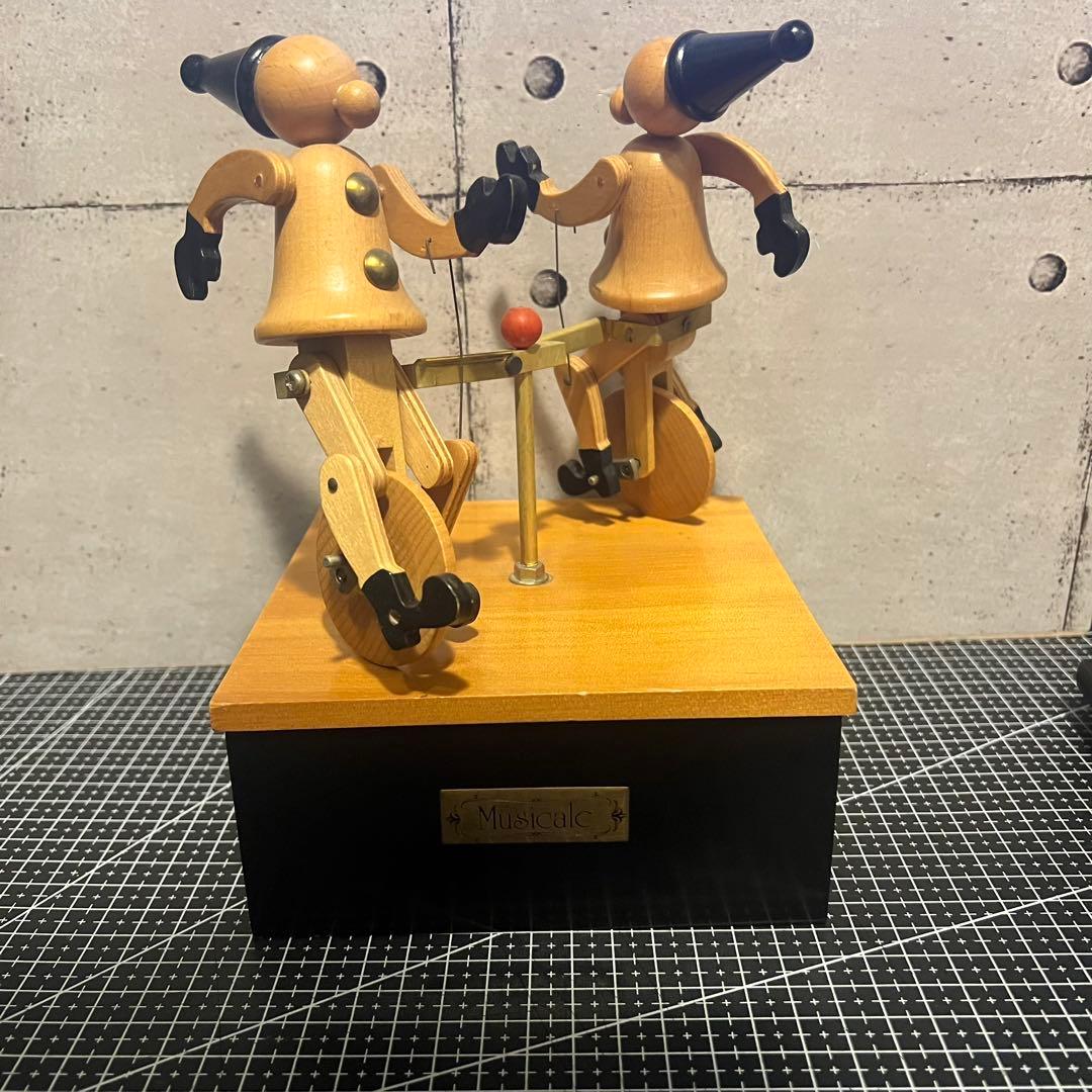 [Fully Functional] M&Mac Wooden Mechanical Music Box - Pierrot on Bicycle by Sanwa Seiki
