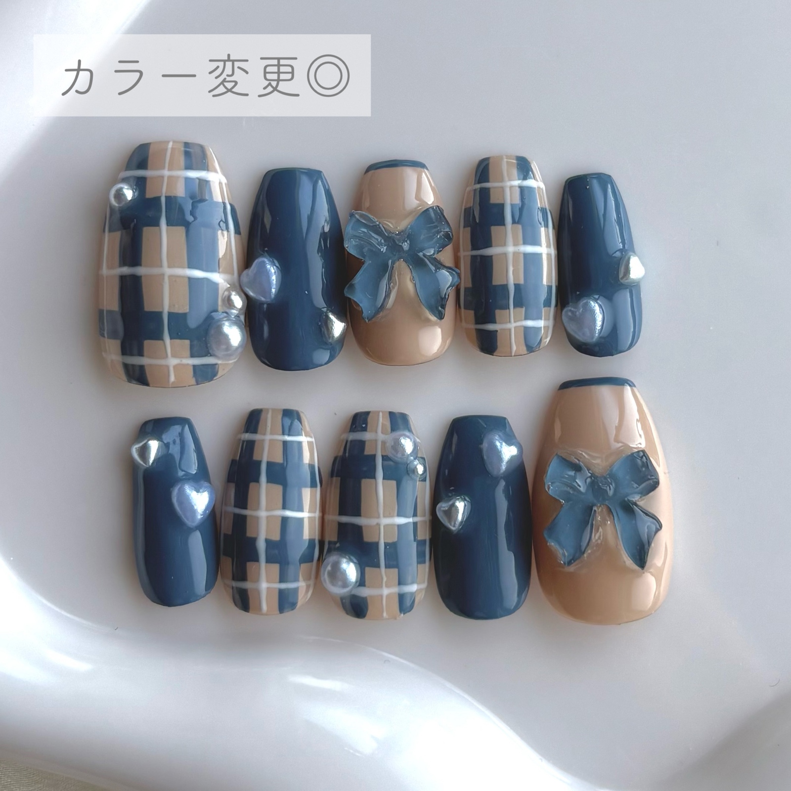 Custom Size Nail Tips Date Check Heart Ribbon French Cute Simple Pearl