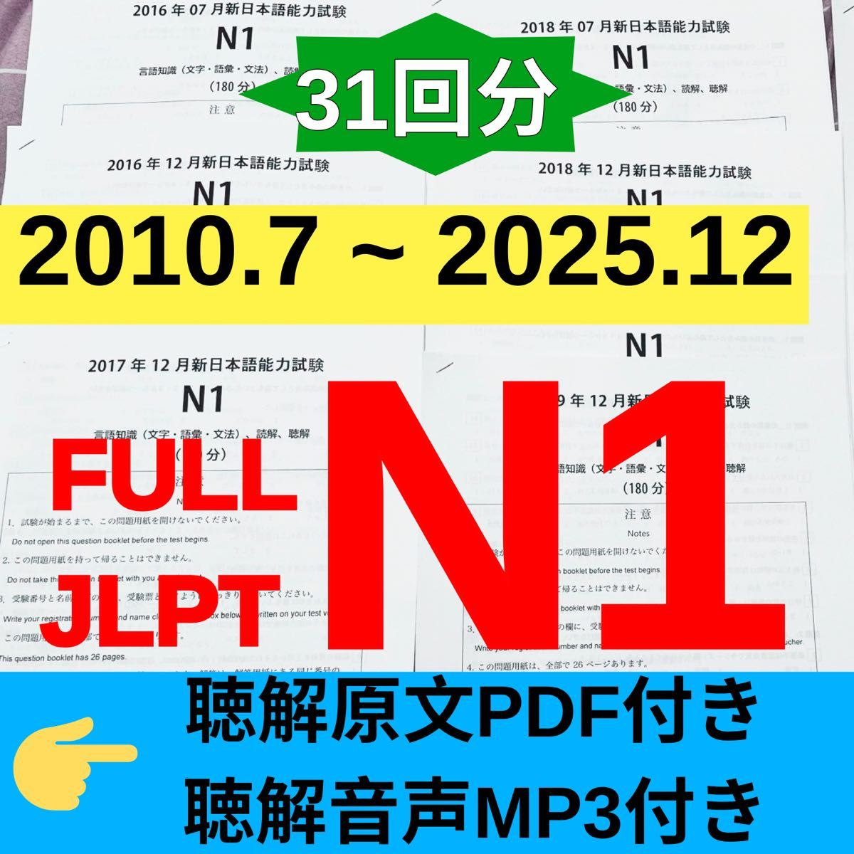 最新版N1真題/日本語能力試験JLPT N1【2010年7月〜2025年12月】JLPT Old Questions31回分