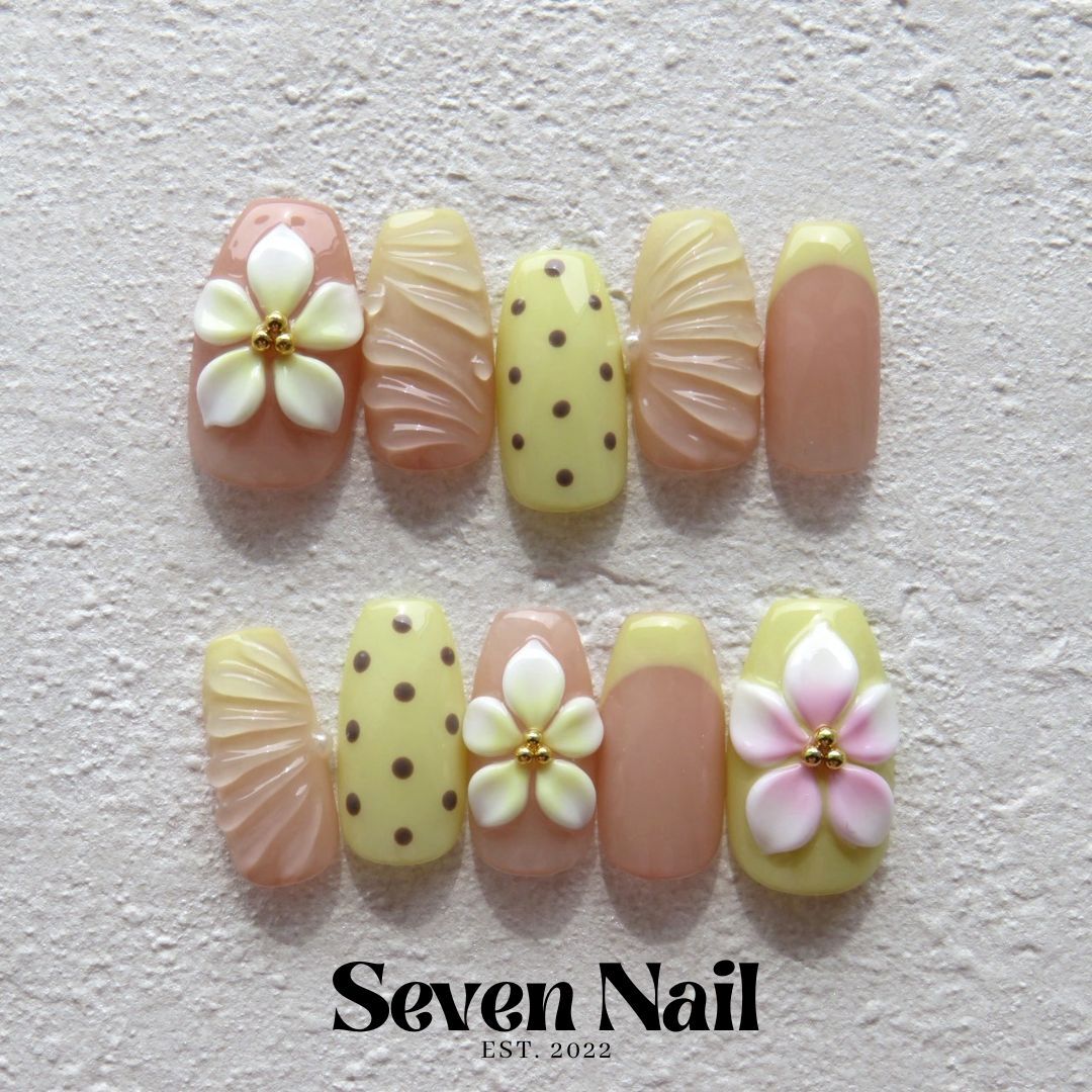 Butter Yellow Nail Tips: Dot, Flower, and French Design for Summer