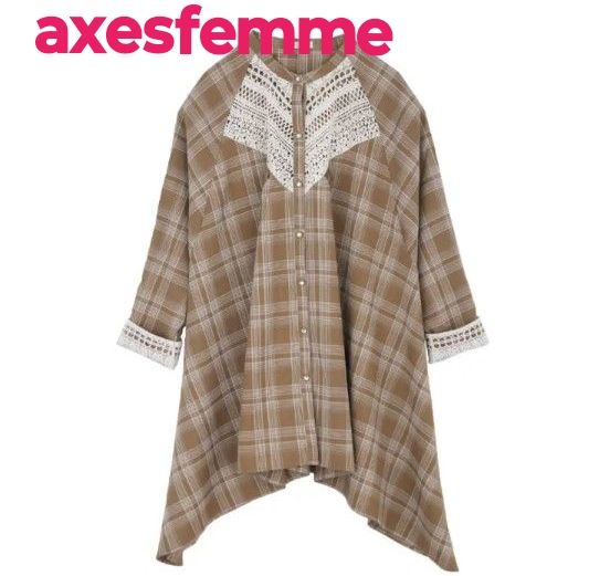 axes femme・アクシーズファム★约克蕾丝不规则下摆束腰上衣·格子·蕾丝·衬衫 上衣·宽松·超大号·M