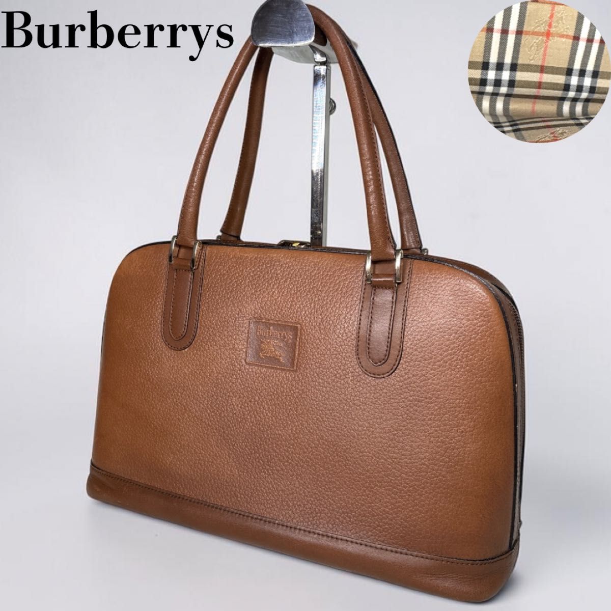 BURBERRYS Barbour-style Nova Check leather mini Boston bag with horse logo, Y2K style, brown