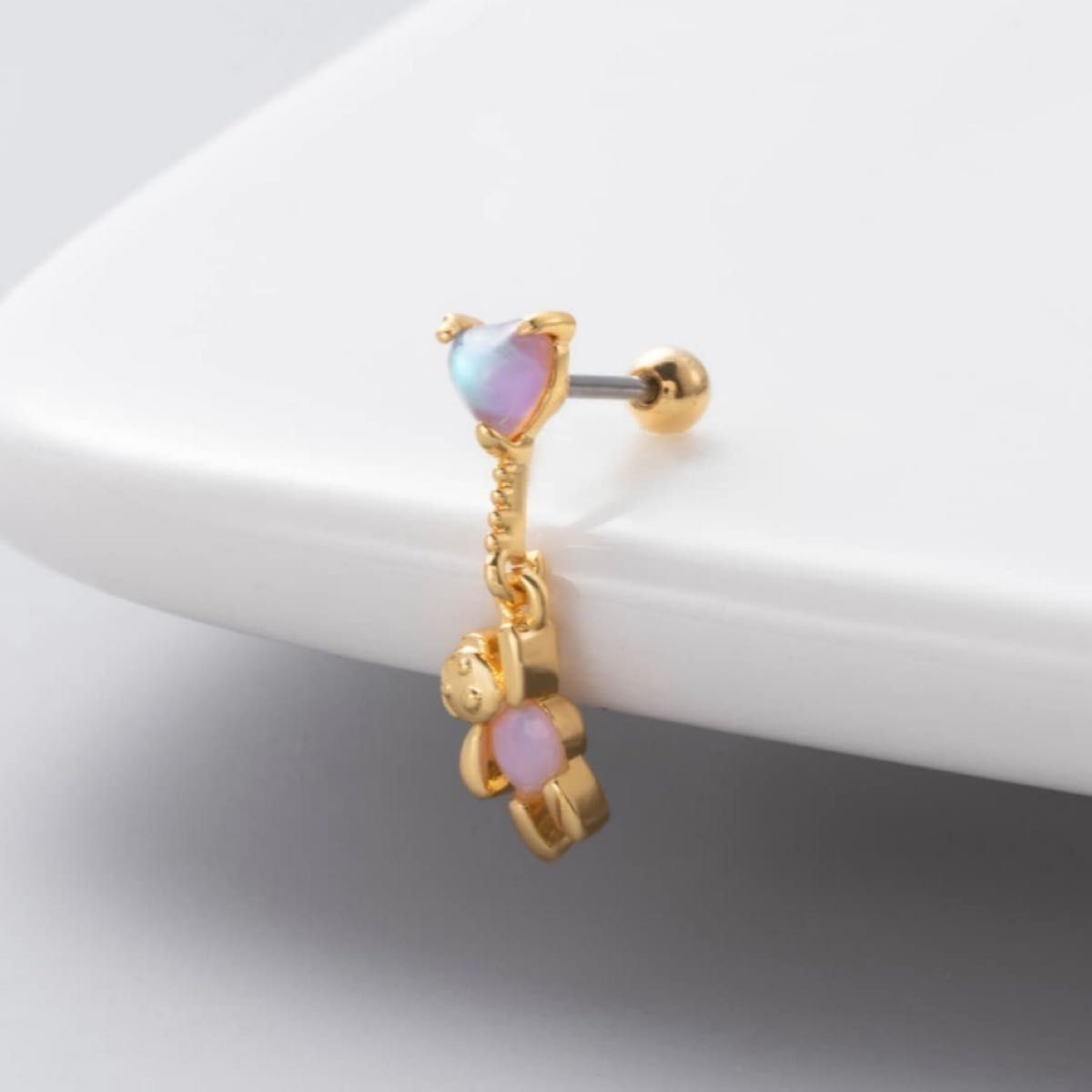 Hypoallergenic Body Piercing Cartilage Earring Non-slip Spring Bear Heart Dangling Cute Stylish Small 20G Single Ear