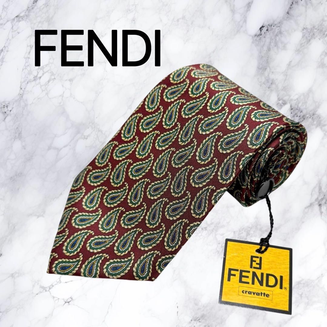 【全新未使用・免运费】带吊牌 FENDI 芬迪 佩斯利花纹 高级真丝领带 意大利制造 常规款领带