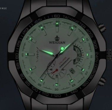 新品双计时WEIGUAN手表男士休闲皮革白盘607421