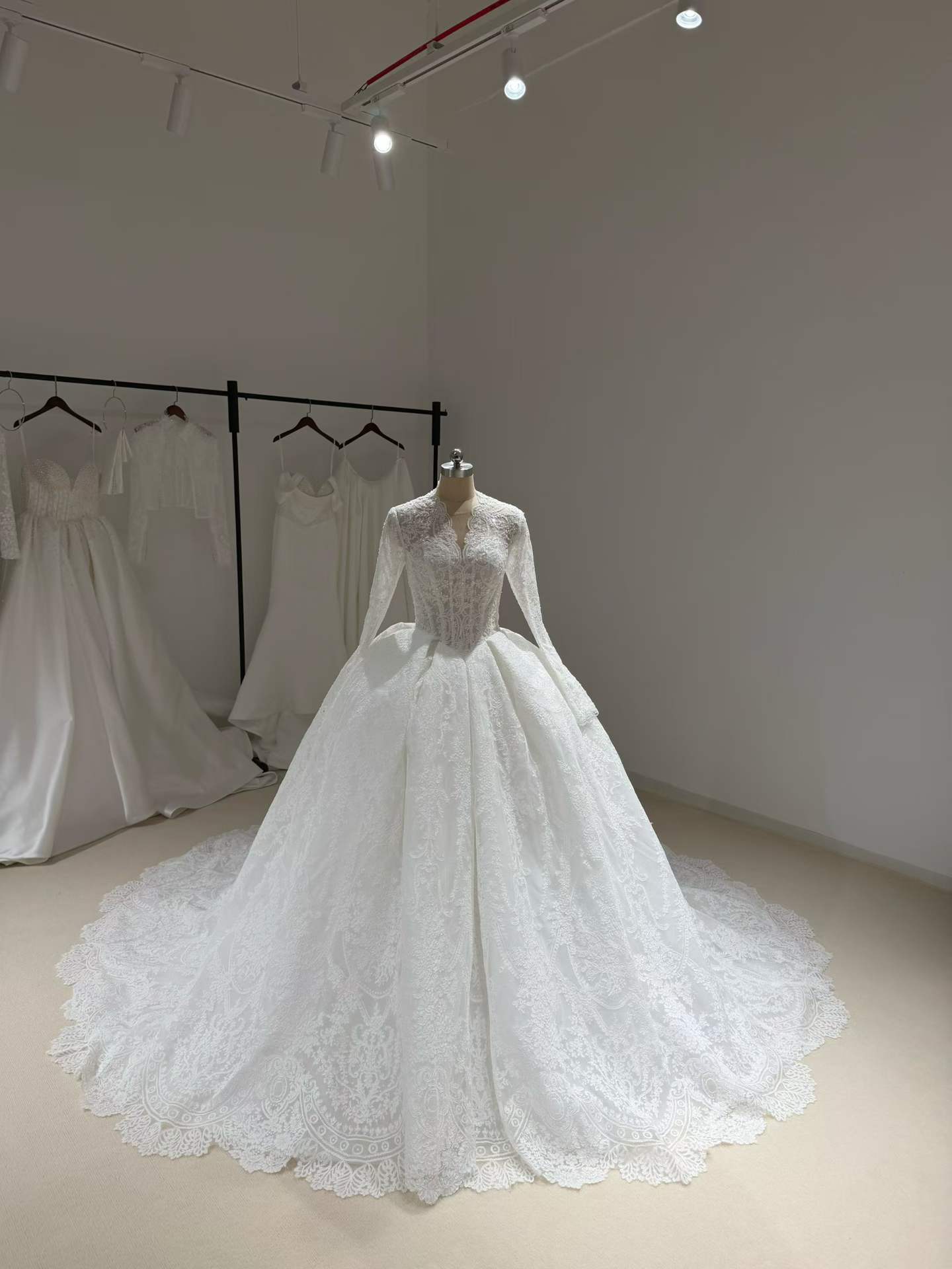 婚纱长裙V领奢侈的总蕾丝喇叭裙婚礼海外婚礼礼服