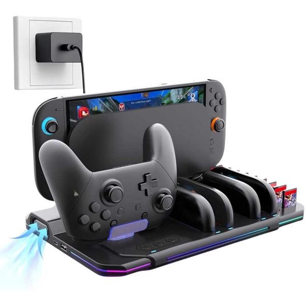 适用于Switch 2的Switch 2 Pro手柄及Joy-Con五台同时充电多功能充电座,带Switch 2底座收纳空间与散热风扇,可收纳10张游戏卡带