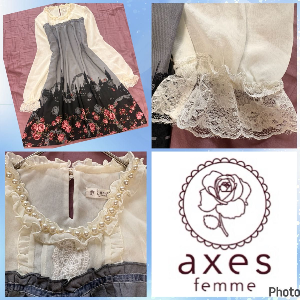 アクシーズファム★美品★首周りパールたっぷり★シルエット柄★メルヘンワンピース フェアリーグランジ お嬢様 萌え系 森ガールy2k