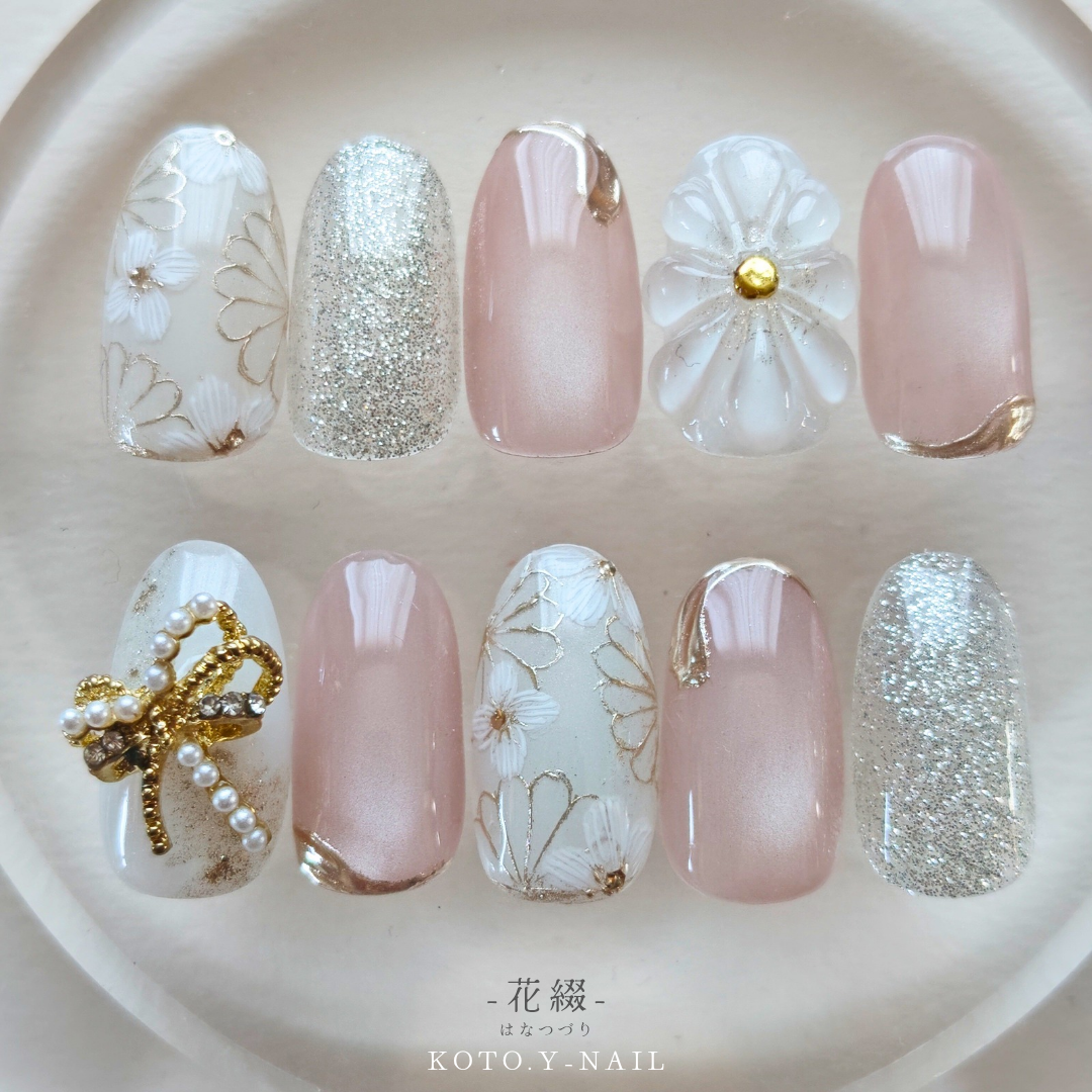 Flower Nail Tips Nuance Nail Bridal Wedding Wedding Wedding Style Gel Nails Winter Furniode Gold White Solid Sleeve