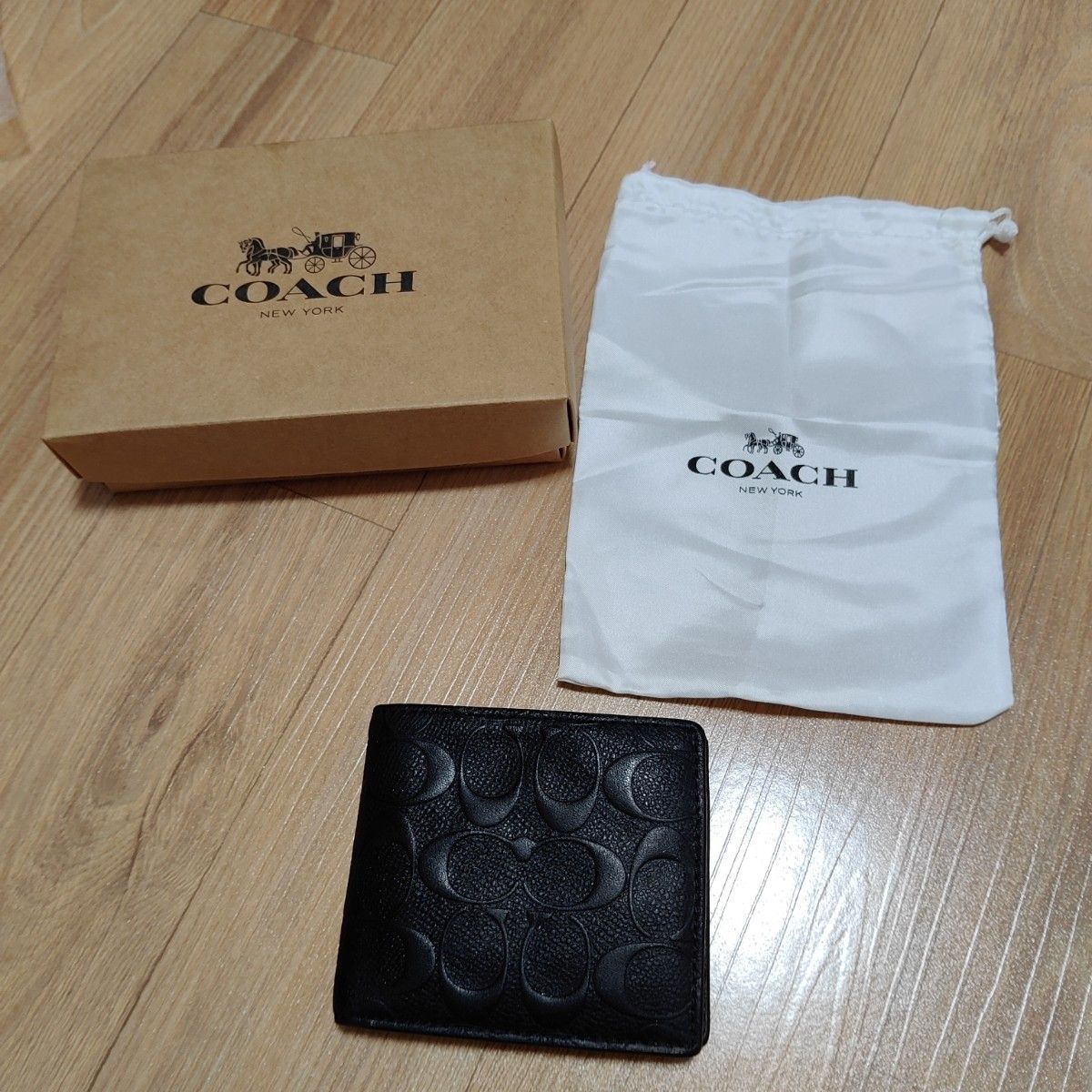 成色良好 COACH 蔻驰 Signature 压纹 双折钱包 黑色 男士