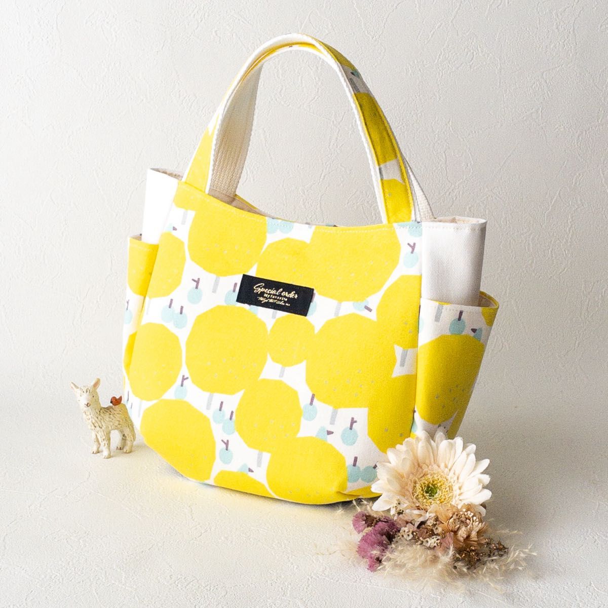 【Limited Edition Fabric】Nokogou Orchard Lemon Yellow Tulip Bag|Nordic Style Side Pocket Tote Bag
