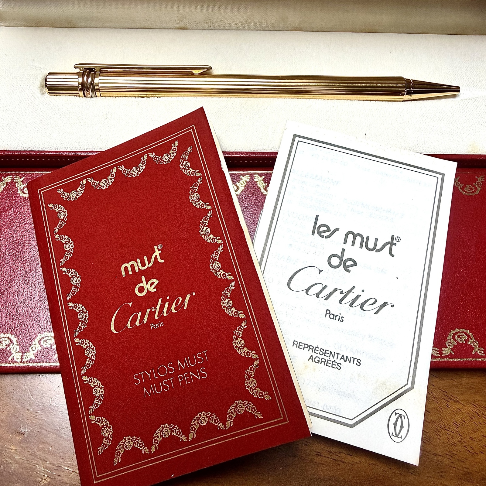 Cartier 卡地亚 Trinity Twist 圆珠笔 文具 金色 带盒 法国制造 已测试书写正常 蓝色墨水 古董