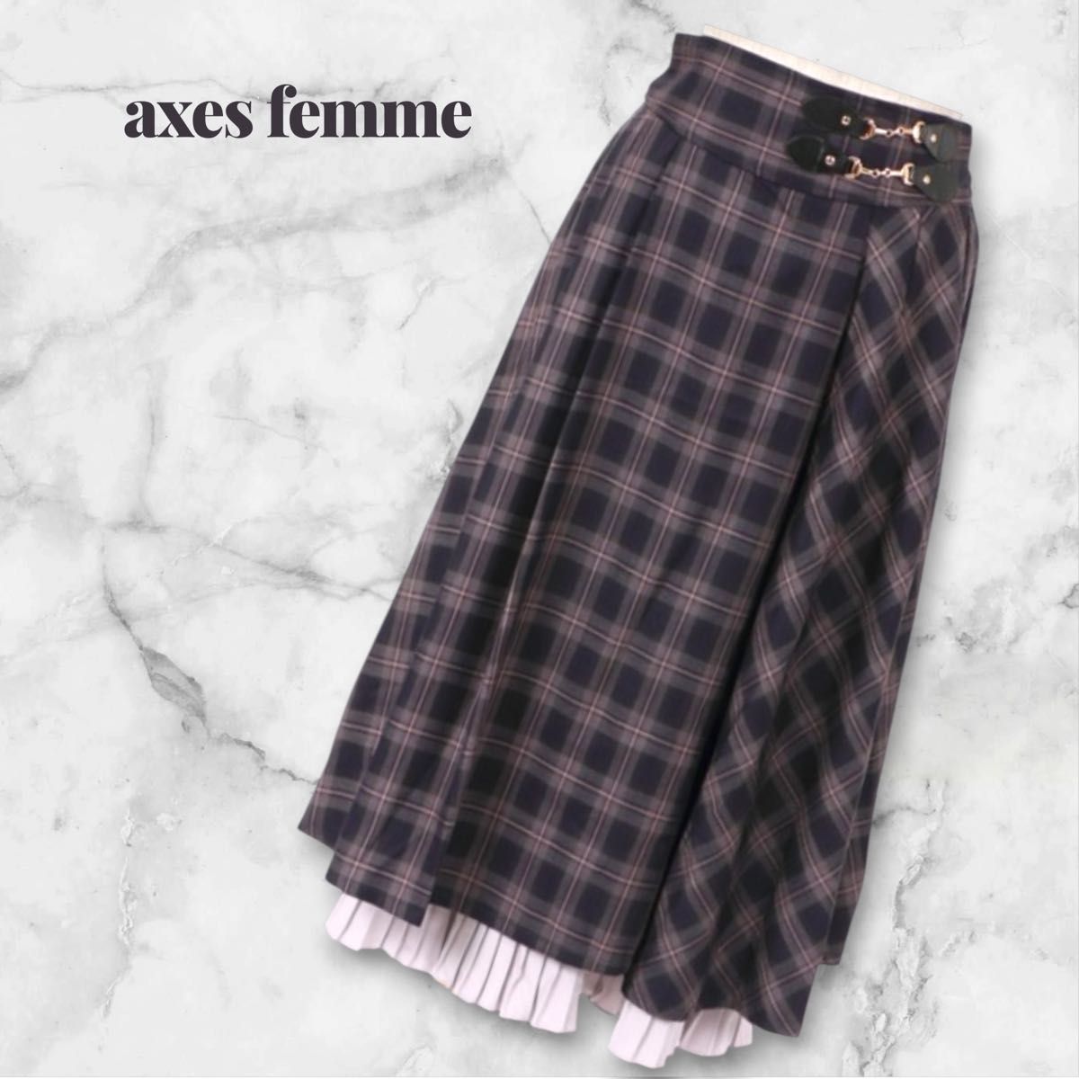 【axes femme】下摆褶皱格纹半身裙 不对称设计 带细腰带