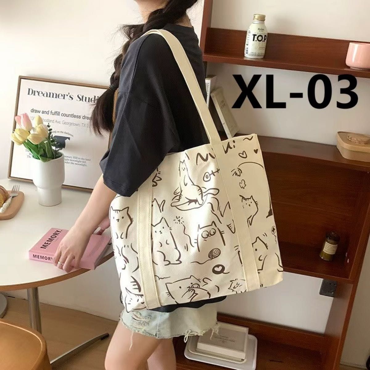 猫图案托特包 帆布 XL-03 猫咪印花 单肩环保袋 通勤上学适用