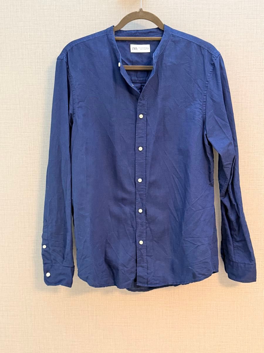 ZARA 扎拉 立领衬衫 长袖 海军蓝 男士