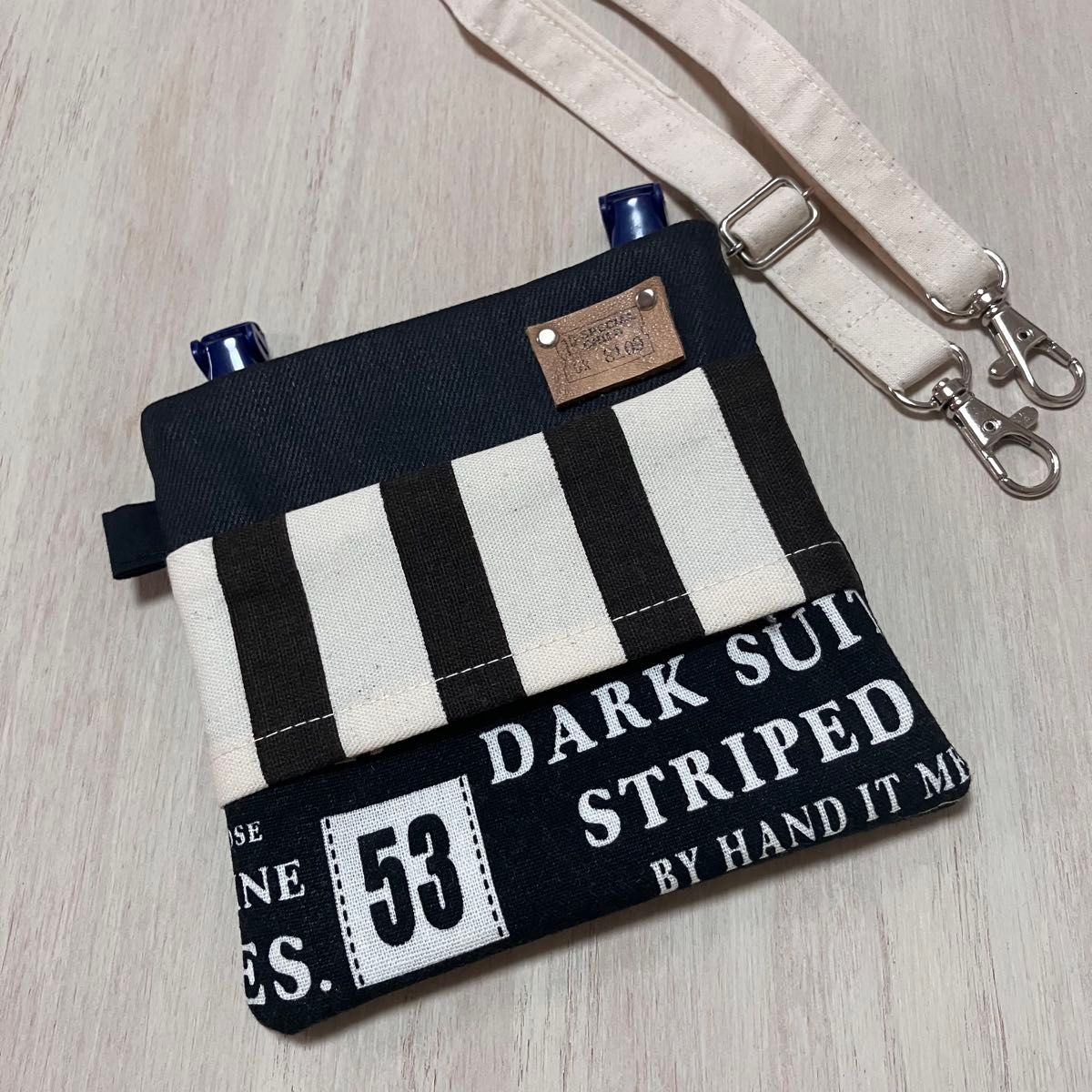 2way Lidless Moving Pocket & Pouch *Handmade* Mask Pouch *Canvas Denim Genuine Leather Tag* Bag-in-Bag Striped