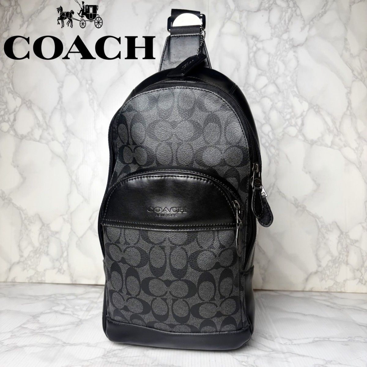 55极美品COACH教练身体包签名PVC激光黑色挎包