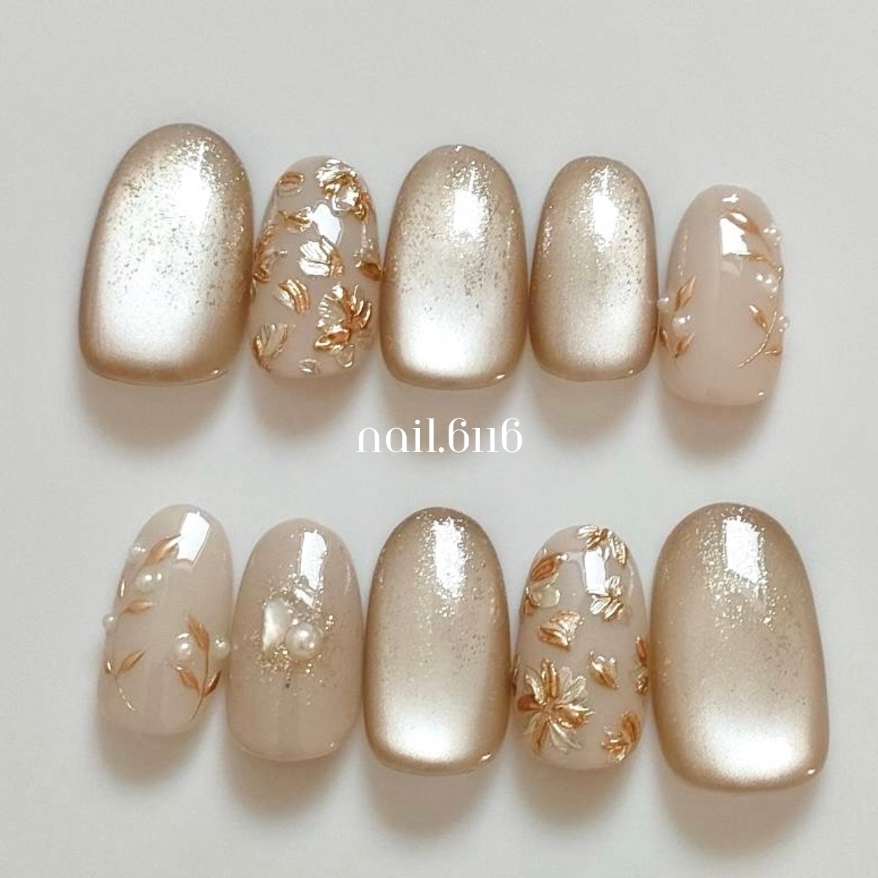 No.122 Water light magnet pearl bridal nail tip Ocagion beige bridal nail botanical mirror French nuance gold false nail