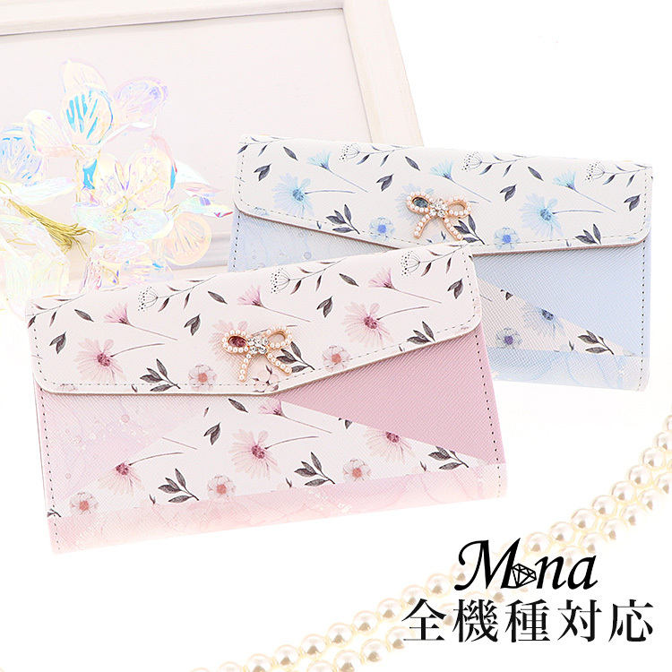 适用于所有机型 手机壳 翻盖式 三折 iPhone14 iPhone13 Android AQUOS Galaxy Xperia 花卉图案 蝴蝶结 花朵 mto-038