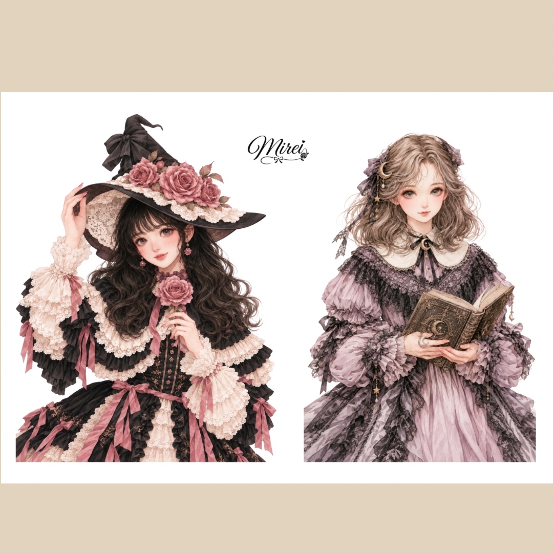 🪄午夜魔法A6贴纸4张套装🌙(混血) No.S045女孩插图拼贴素材Mirei原创女孩贴纸人物贴纸女孩手册装饰