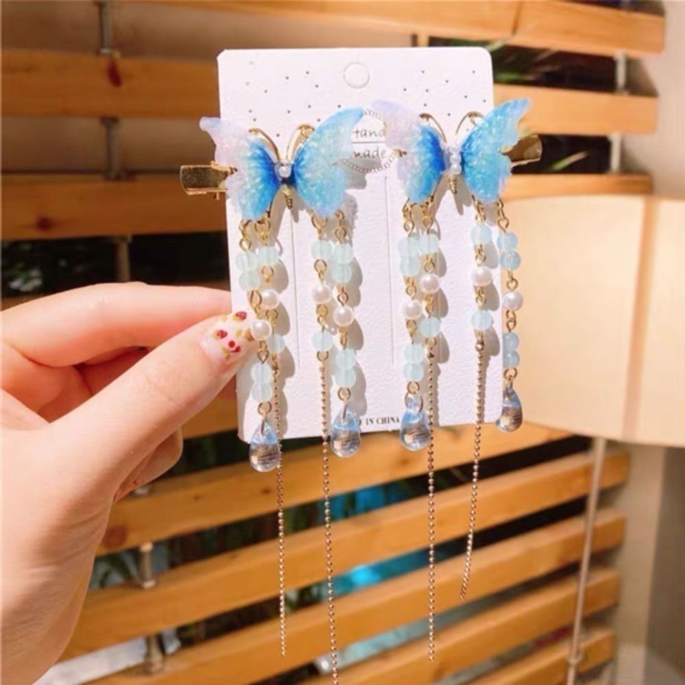 Gradient Butterfly Motif Long Chain Drop Hair Clip, Set of 2