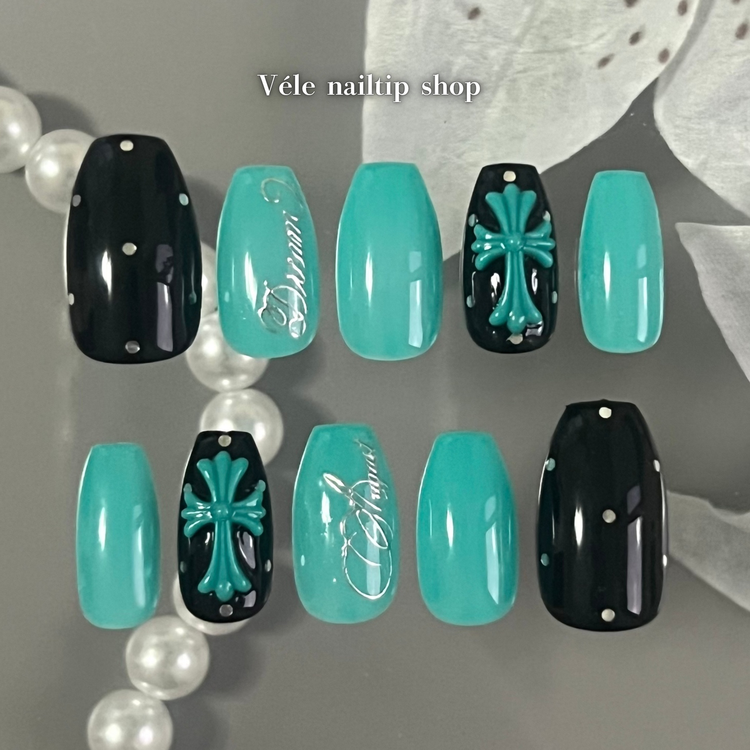 【Size Customization: Turquoise Chrome Nail Tips y2k Korean Street Style Cross Dot Nails, English Letters, Black Korean Nails, Blue