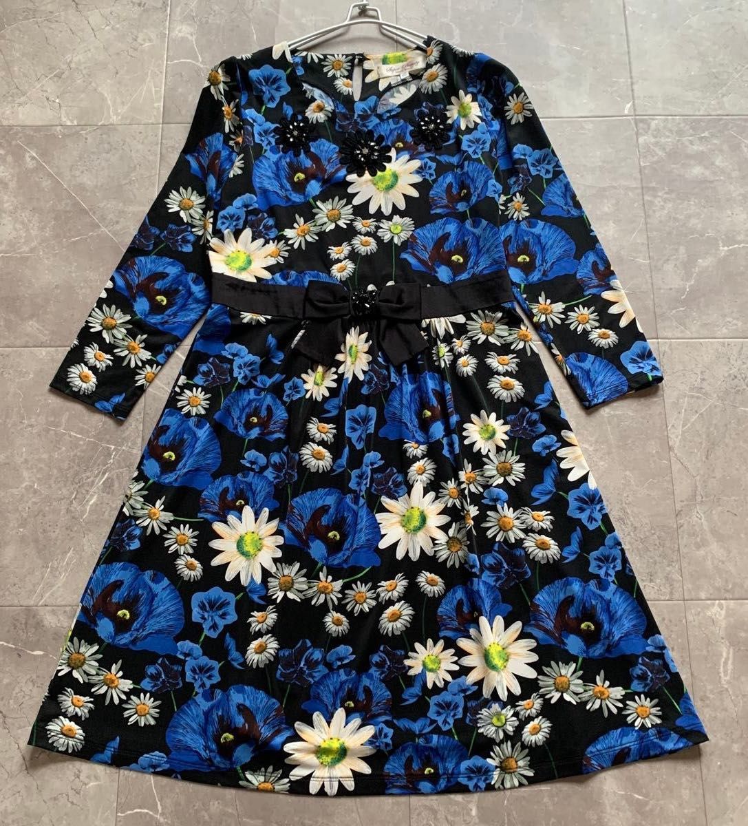 【美品】Super Beauty 超级美丽 花卉图案连衣裙 宝石装饰 黑色底 腰部丝带 长袖 40码