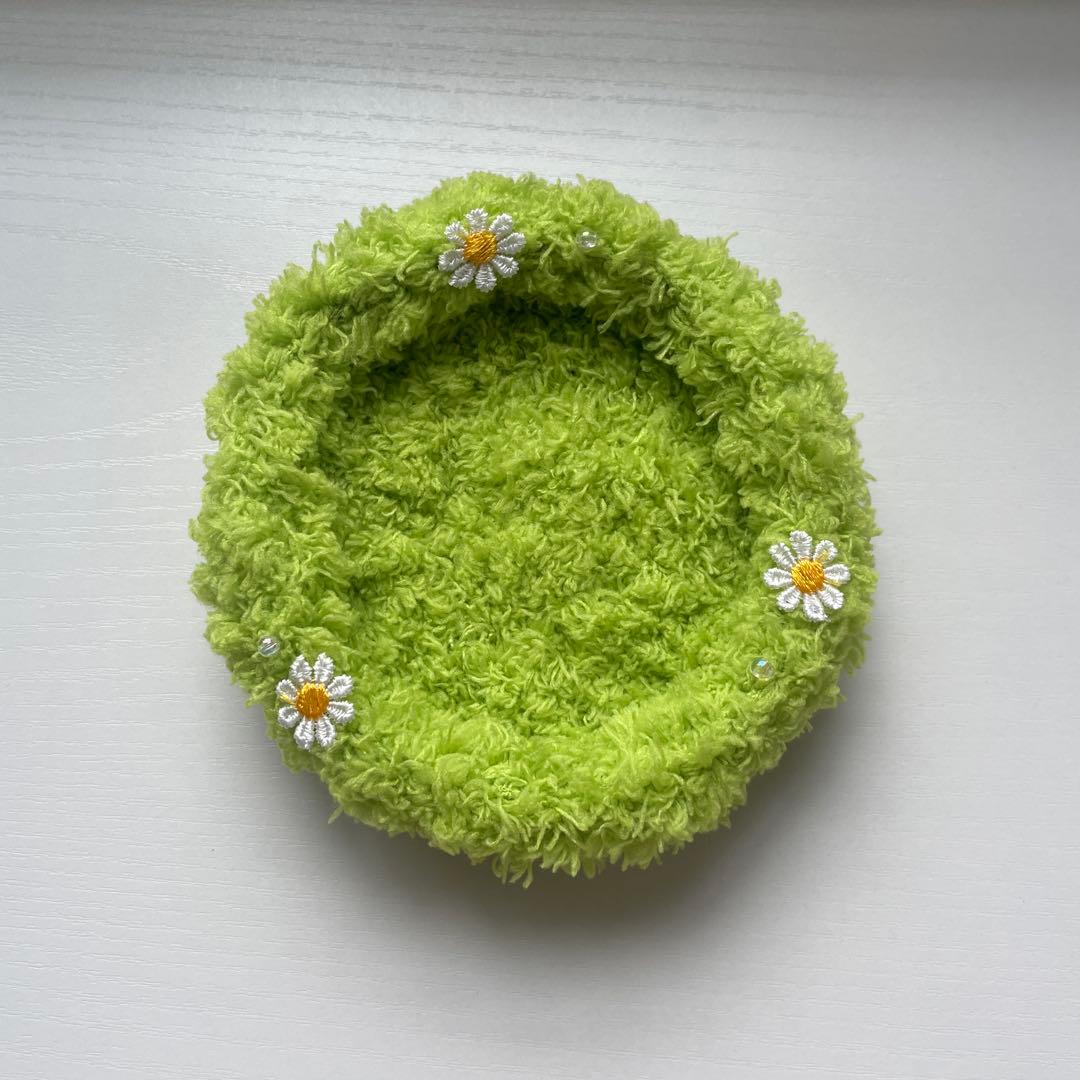 Fluffy Grass Coaster Yellow-Green Knitting Daisy Small Item Holder Handmade【102】