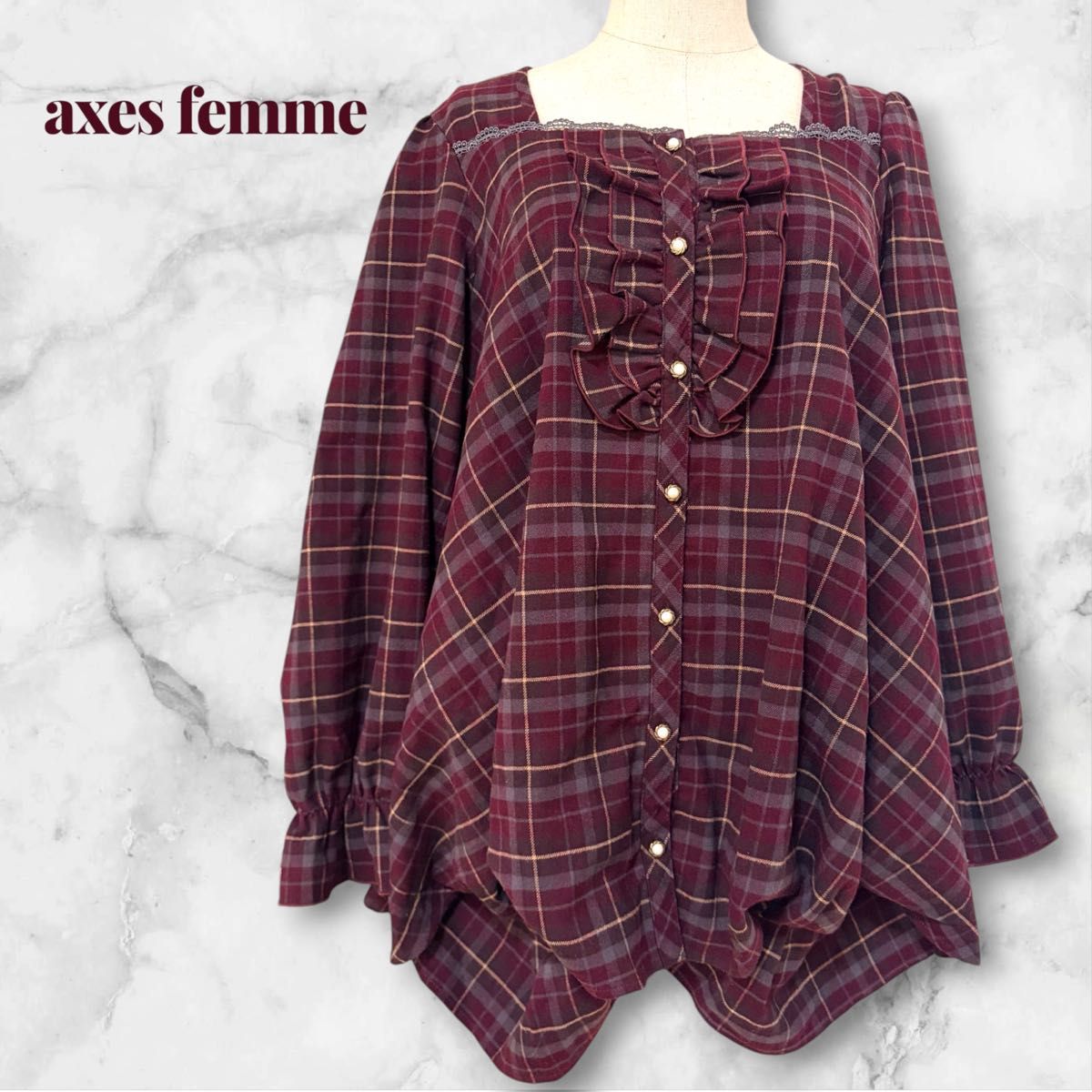 【axes femme】格纹荷叶边衬衫 酒红色 珍珠纽扣
